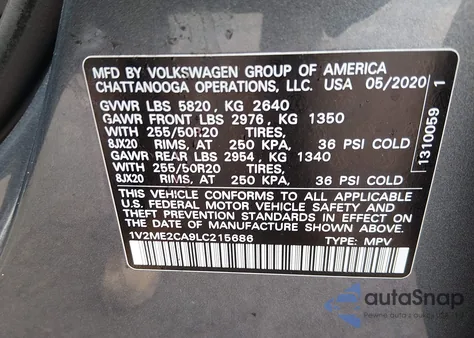 2020 Volkswagen Atlas Cross Sport 3.6L V6 Sel z USA, uszkodzony, nr VIN 1V2ME2CA9LC215686